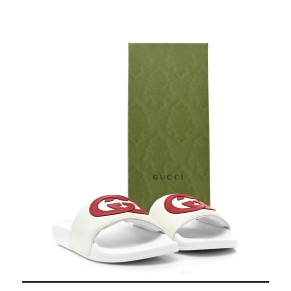 Gucci Nappa Miro Soft Calfskin Interlocking G Slide Sandals 37 White Red - Picture 2 of 7